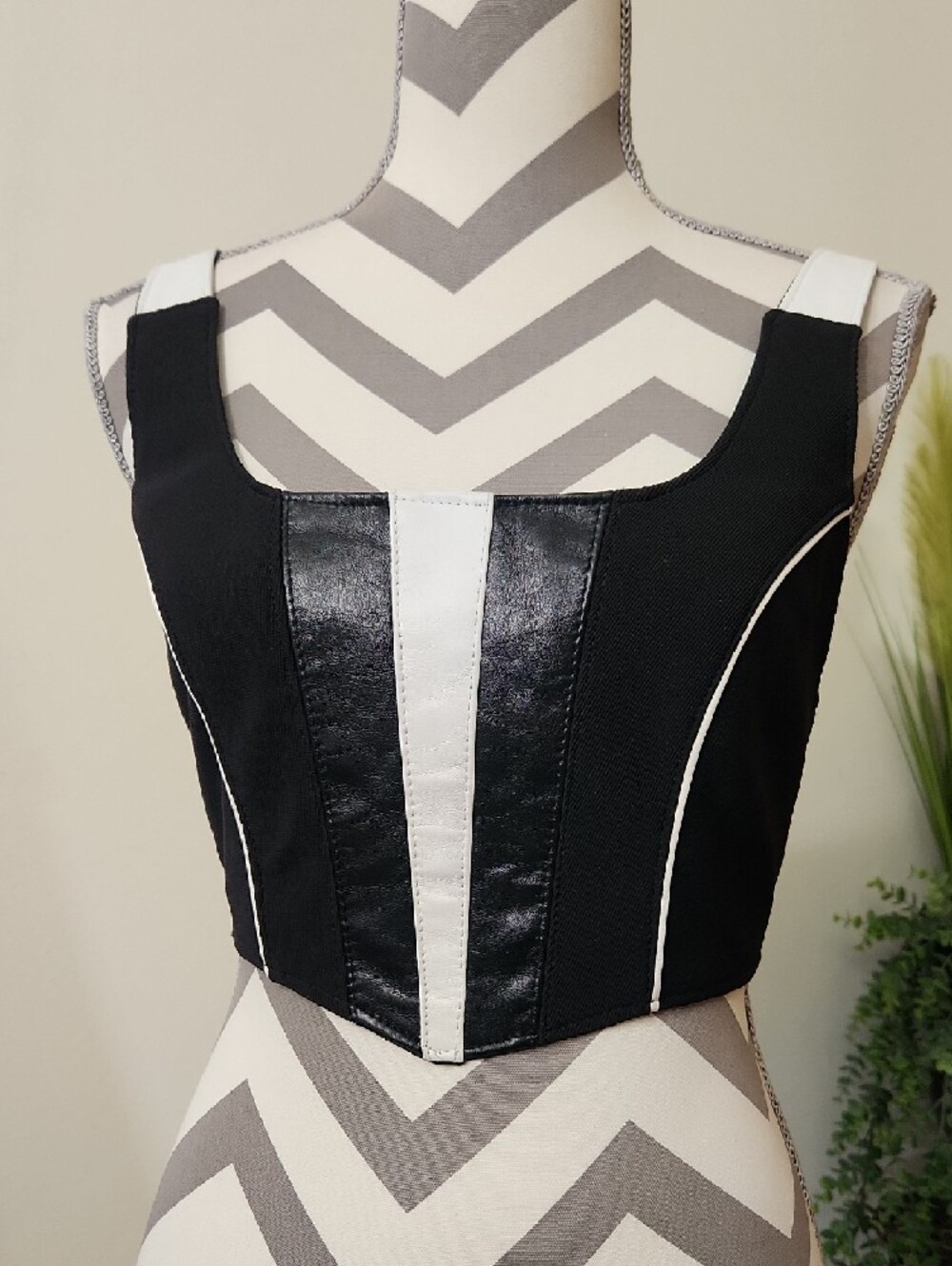 TLC Twin's Leather Collection Black and White Leather Paneled Cropped Bustier